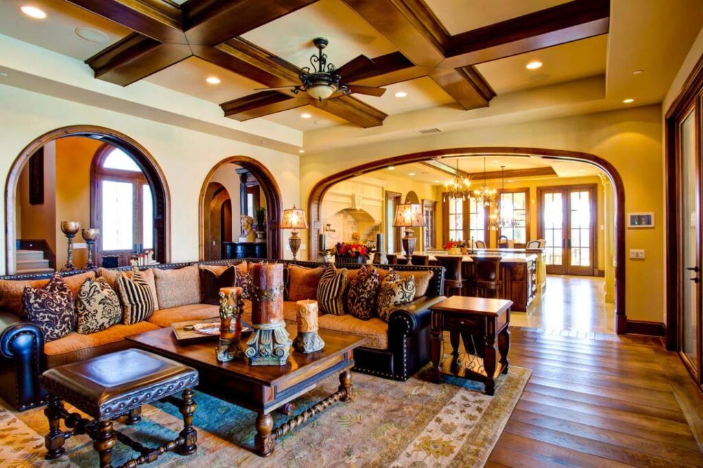 inside view from the living room into the kitchen of the classic italian revival sustainable development